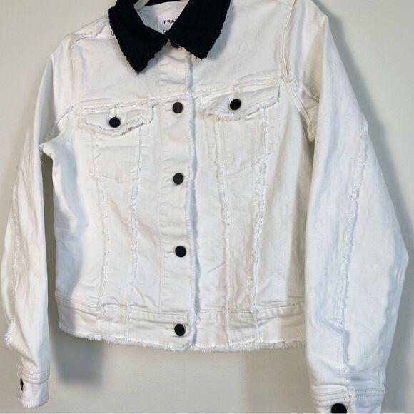 Frame Block Denim Jacket Contrast Collar XS X-Small Off White Black Raw Hem - Picture 4 of 8